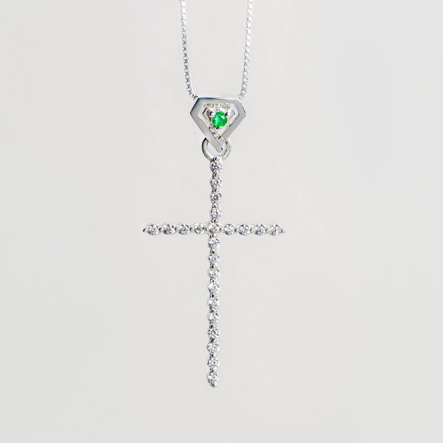 CZ-Sterling Silver Pave Cross Necklace With Colombian Emerald LUCIGO JEWELRY