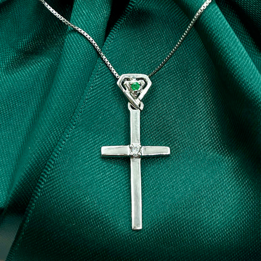 Sterling Silver Classic Cross Necklace With LUCIGO Emerald Bail