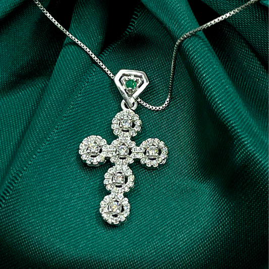 Halo Cross Silver Necklace with Colombian Emerald