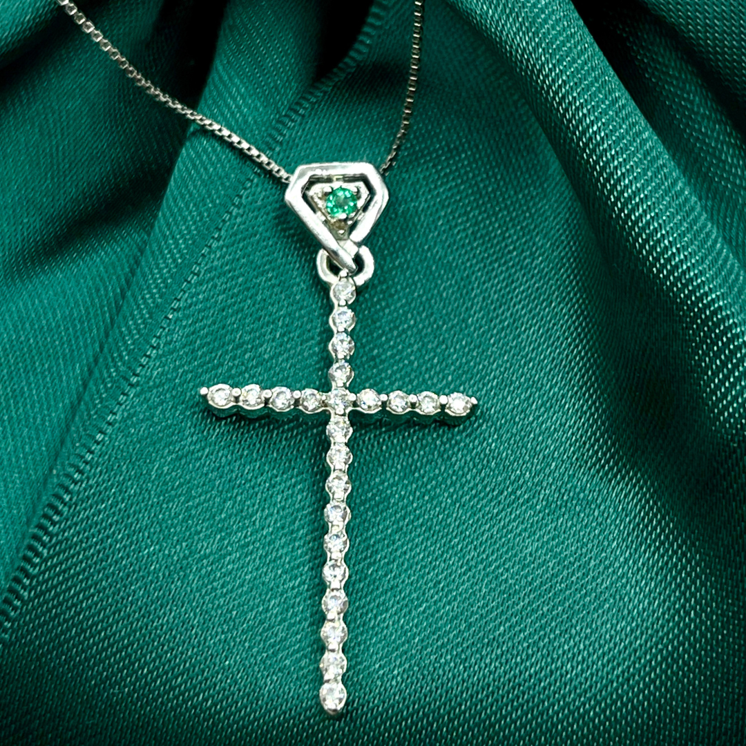 Sterling Silver Pave Cross Necklace With Colombian Emerald