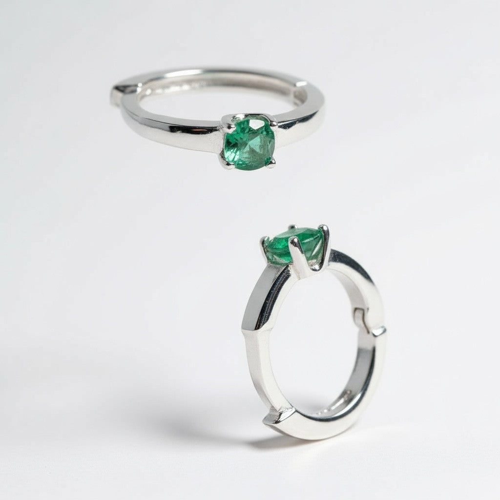 colombian emerald huggie hoop earrings sterling silver lucigo jewelry two views